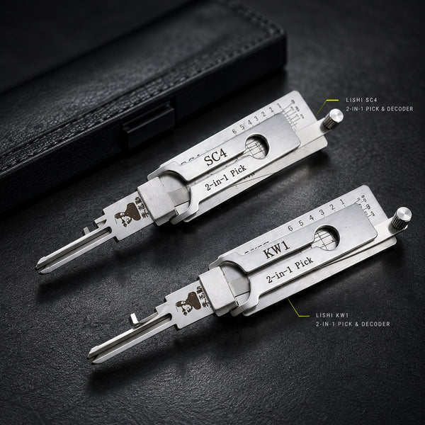Lishi SC4 and KW1 2-in-1 tools on a dark textured work surface.