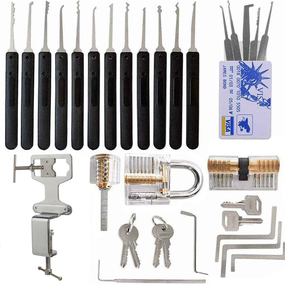 25 Piece Lock Pick Set with 12 Stainless Steel Lock Picking Kit, 3 Transparent Training Locks, 5 Piece Credit Card Lock Picking Kit, 5 Wrenches Tools