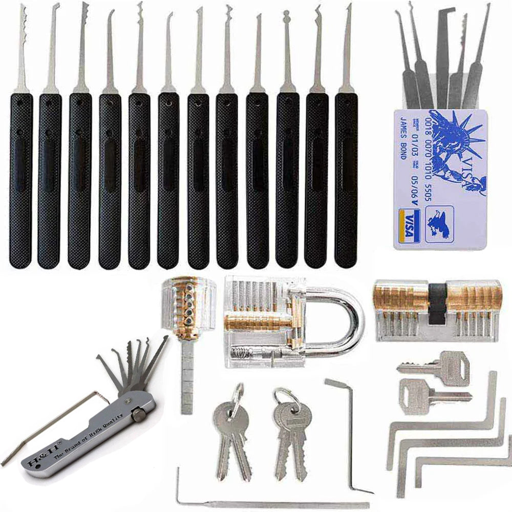 25 Piece Lock Pick Set with 12 Stainless Steel Lock Picking Kit, 3 Transparent Training Locks, 5 Piece Credit Card Lock Picking Kit, 5 Wrenches Tools