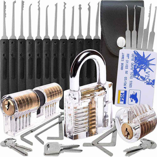 25 Piece Lock Pick Set with 12 Stainless Steel Lock Picking Kit, 3 Transparent Training Locks, 5 Piece Credit Card Lock Picking Kit, 5 Wrenches Tools